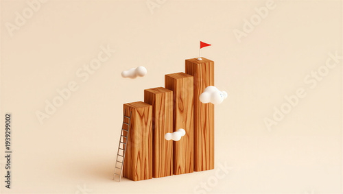 Wooden blocks with ladder and flag on top with clouds  business success concept transparent background