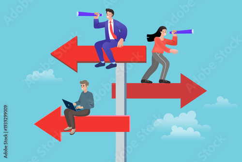 Successful team searching for right direction on giant arrow signs. Concept of business opportunity career path selection and market analysis. Flat vector for marketing and leadership blogs.