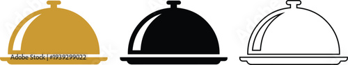 Food Serving Tray Dome Cover Icon Set in Color Black and Outline Style