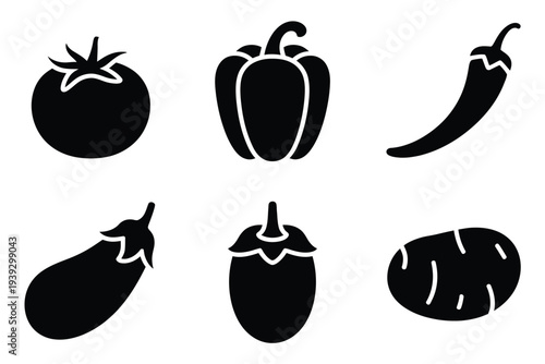 Six black silhouettes of different vegetables tomato