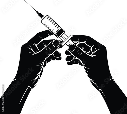 Hands preparing a syringe for injection in a black and white illustration