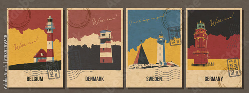 Belgium, Denmark, Sweden Germany, Sweden, Lighthouses Attraction Postcard Set, European Beacons Popular Place Illustrations, Vector Templates Retro Style Greeting Card. Vintage Colors, Aged Paper Text