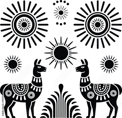 Peruvian inspired design featuring llamas suns and floral motifs in black