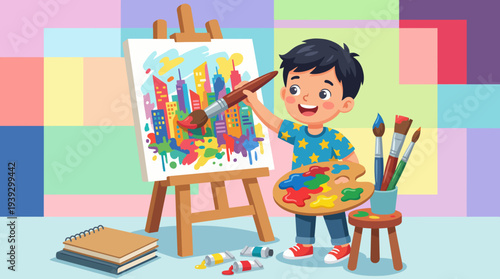 A cheerful illustration of a child painting a colorful cityscape, showcasing creativity and joy, perfect for children's art-related projects or educational content.