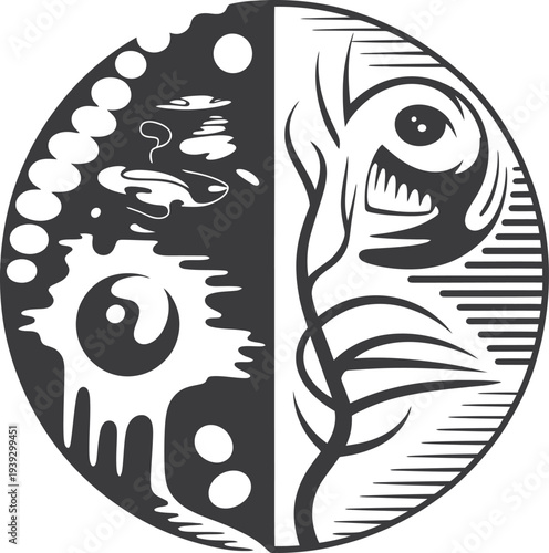 A stylized yin yang design combining a fish and space elements