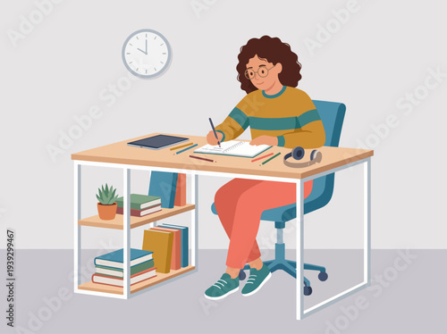 An engaging illustration of a woman focused on writing at a stylish desk, surrounded by books and stationery, representing creativity and productivity in a modern workspace.