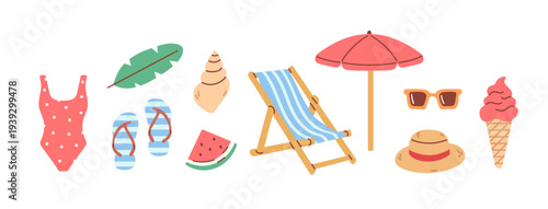 Beach set with an umbrella, swimsuit, and sun lounger