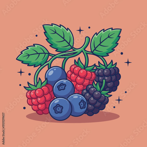 A beautiful illustration of assorted berries, including blueberries, raspberries, and blackberries, complete with lush green leaves, celebrating the bounty of nature and freshness.