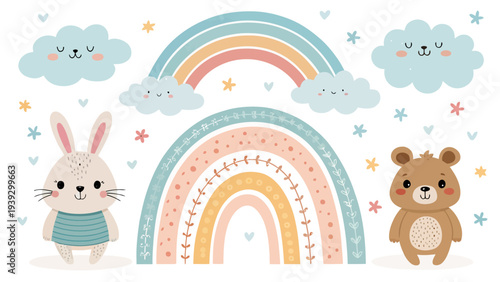 Cute cartoon rabbit and bear standing under colorful rainbow with smiling clouds