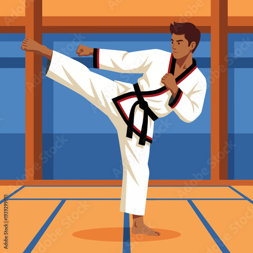 A dynamic illustration depicts a karate practitioner executing a high kick, showcasing martial arts skill and discipline, suitable for sports schools or fitness-oriented brands.