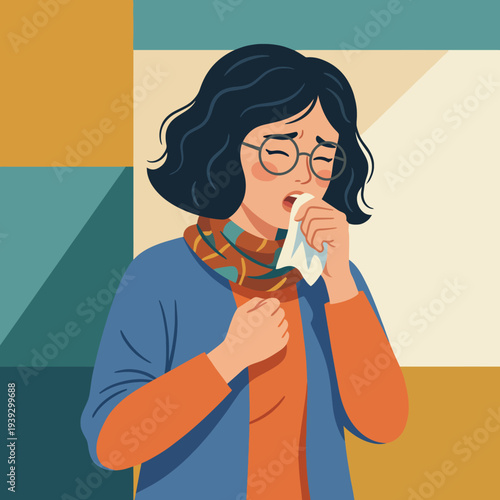 This illustration captures a woman expressing her emotions while feeling unwell, combining elements of health and emotional support in a vibrant artistic style.