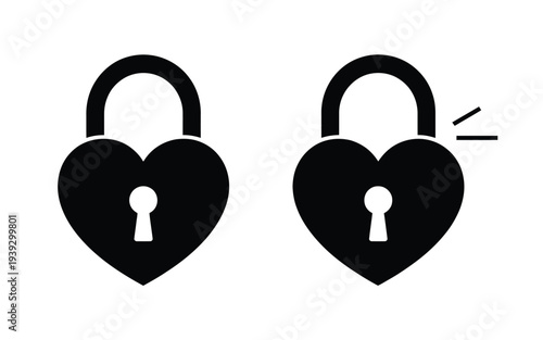 Two black heart locks with one unlocked white keyhole