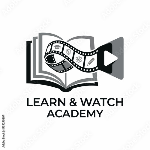 A logo design featuring an open book with a film strip emerging, symbolizing learning through video content for an educational academy focused on visual learning techniques.