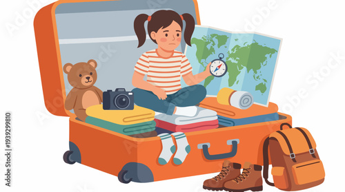 A young girl organizing her belongings in a bright orange suitcase, preparing for a fun trip, reflecting the joy and excitement of travel and the anticipation of new experiences.