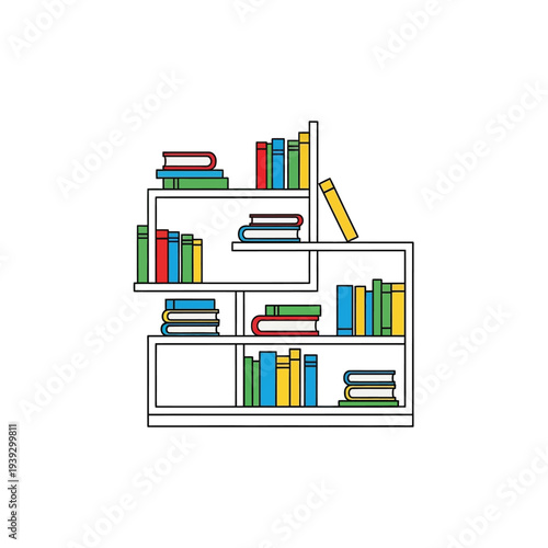 Colorful bookshelves in modern minimalist style with bright lighting on white background for education