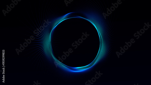 Abstract blue digital lines forming glowing circular energy field on dark background. Futuristic technology ring with smooth wave structure and cyber light pattern.