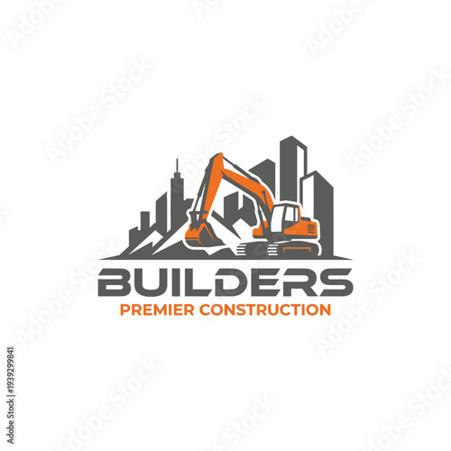 This dynamic construction logo symbolizes expertise and strength in building, integrating urban skyline visuals and machinery, ideal for contractors and construction companies.