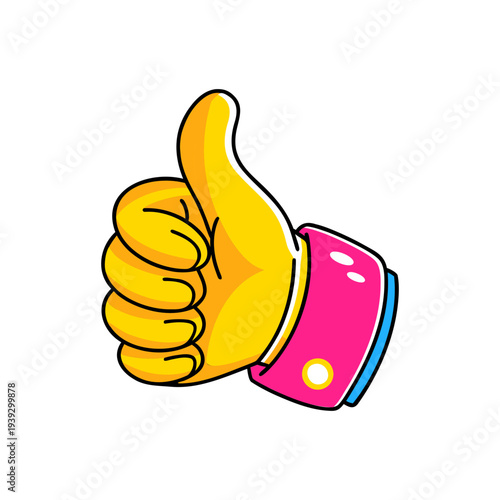 Thumbs up hand gesture sticker. Flat vector illustration of like button for social media engagement, positive feedback, and success concepts.