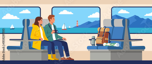 This vibrant illustration captures a young couple on a train trip, reflecting joy and adventure, ideal for travel or tourism brands promoting exploration and experience.