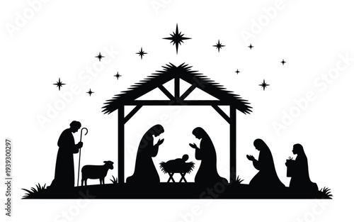 Silhouette of nativity scene with stars and manger