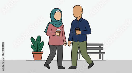Couple Walking Together Holding Coffee Cups Wearing Casual Outfits with Plant and Bench in Background White Studio Setting Flat Illustration Style