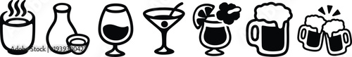 Drink and beverage icon set for menu and bar design. Outline symbols include coffee, wine, cocktail, beer, and tropical drinks for restaurant branding, café graphics, and hospitality menus. Clean mini