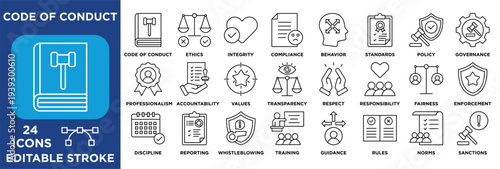 Code of Conduct icon set featuring ethics, integrity, compliance, behavior, standards, policy, governance, professionalism. line black vector