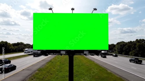 City Billboard: A large, vibrant green billboard stands prominently along a busy highway, with sleek cars, against a backdrop of impressive urban architecture.