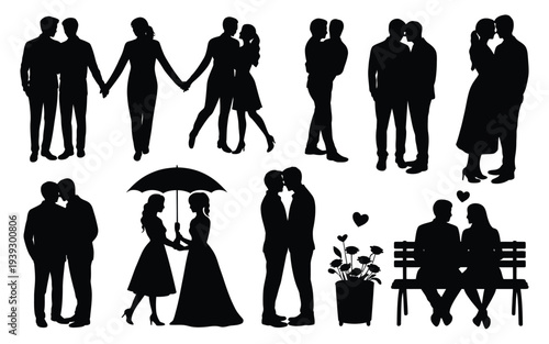 Silhouettes of couples in various romantic poses and settings
