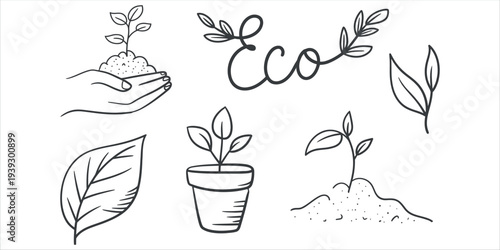 Eco Friendly Nature Concept Set with Hand Holding Plant Pot and Green Leaf Symbols Vector Illustration.