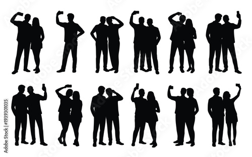 Silhouettes of people taking selfies in various poses