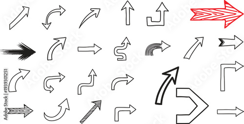 Collection of hand drawn arrows in various styles and directions