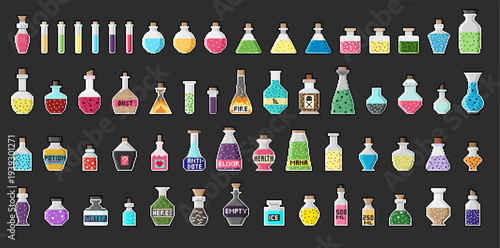 Pixel art magic bottles, potions, alchemy flasks and fantasy elixirs in different colours and forms. Vector illustration. 8bit old game style. Each square is 10x10 px in size