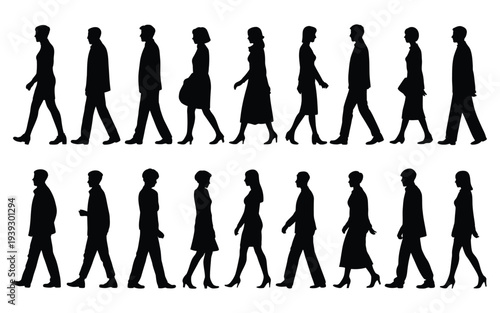 Silhouettes of people walking in two rows black