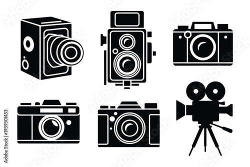 Six black and white camera in style vintage retro