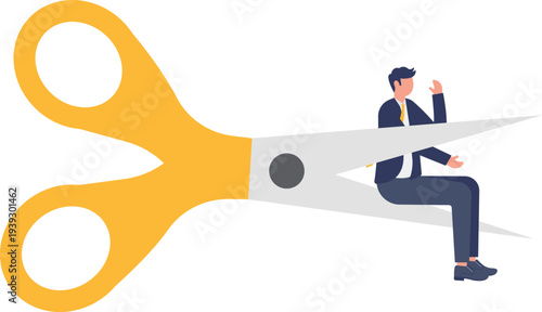 Businessman Sitting on Giant Scissors Cutting Risk
