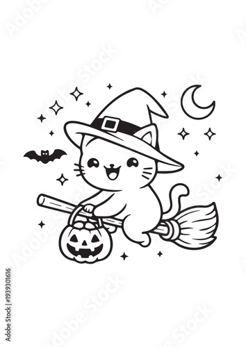 Cute Halloween Witch Cat Riding Broom with Pumpkin Bucket – Kawaii Kitty Coloring Page Line Art for Kids