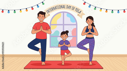 International day of yoga concept with happy family doing tree pose indoors