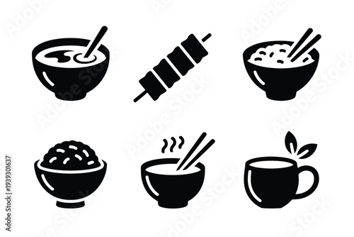 Six black and white food and drink including bowls of soup noodles and a cup of tea