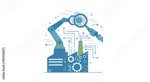 Industrial automation factory scene with robotic arm holding magnifying glass over circuit board for quality check