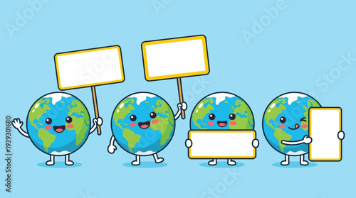 Cute earth globe cartoon characters holding blank protest signs