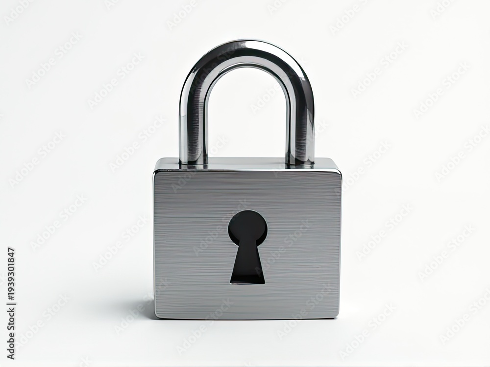 Naklejka premium A single metal padlock sitting on a white surface, ready for use