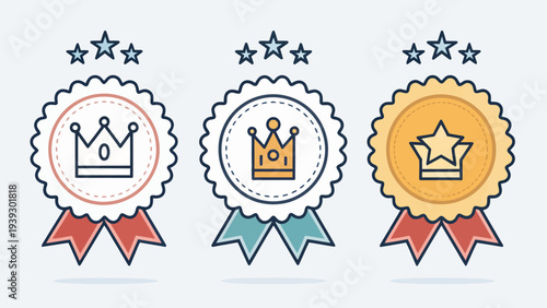 Award ribbons with crowns and stars for recognition and achievement