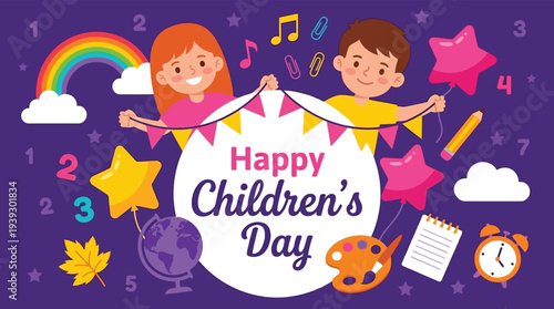 Happy childrens day banner with cute boy and girl holding party bunting