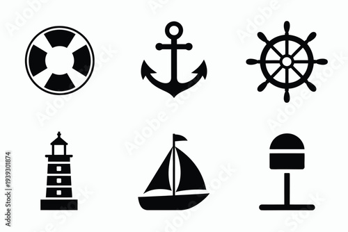 Six black and white nautical including life preserver anchor ship wheel lighthouse sailboat and buoy