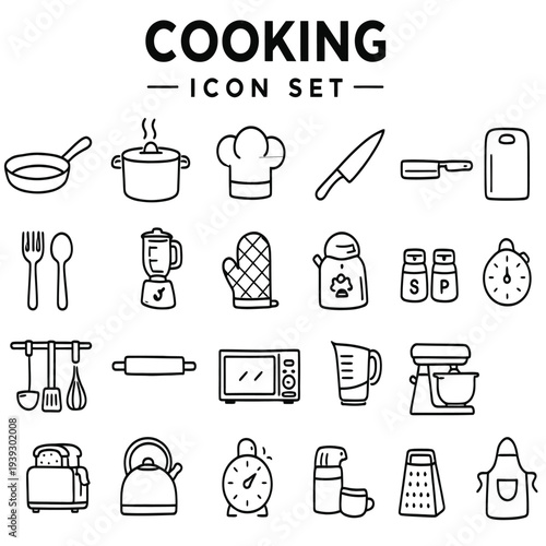 Cooking icon set containing kitchen equipment outline illustrations for restaurant menu design web