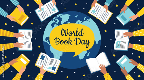 World book day poster with diverse hands reading around planet globe