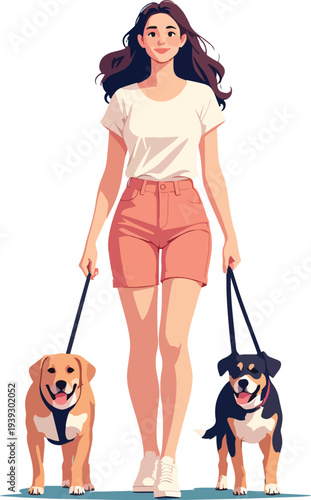 donna mentre porta a passeggio il cane vettoriale