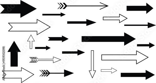 Collection of various black and white arrows pointing in different directions