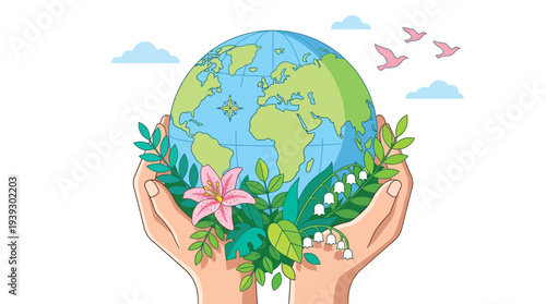 Earth day illustration with hands holding planet globe decorated with spring flowers